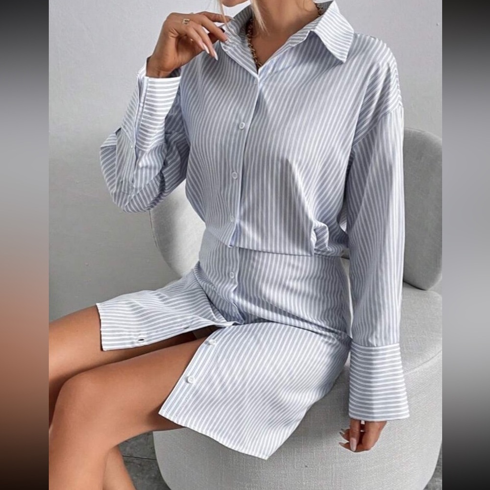 New striped long sleeve collared dress elegant classy work boss